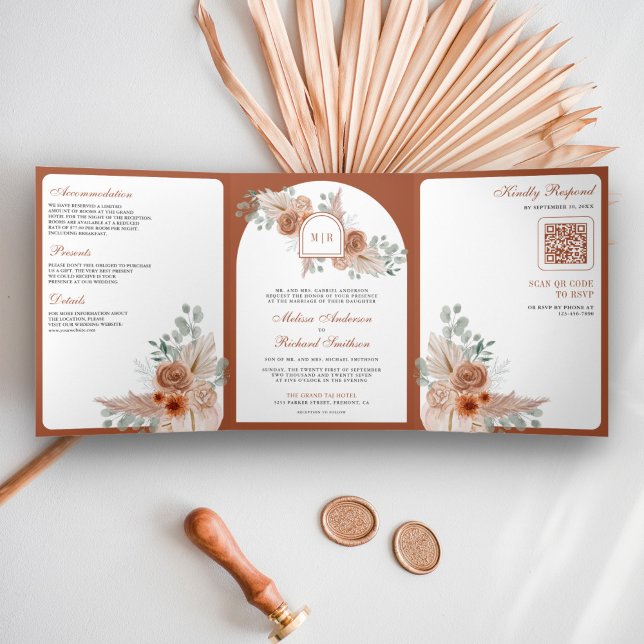 Convite Com Dobra Tripla Casamento Código QR Floral Boho Terracota Pampas (Criador carregado)