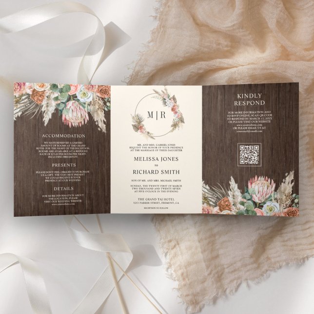 Convite Com Dobra Tripla Casamento Código QR Floral Boho Terroso Pampas Mad (Criador carregado)