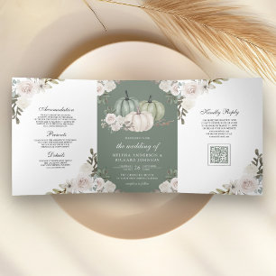 Convite Com Dobra Tripla Casamento Código QR Floral Branco Abóbora Verde Sa