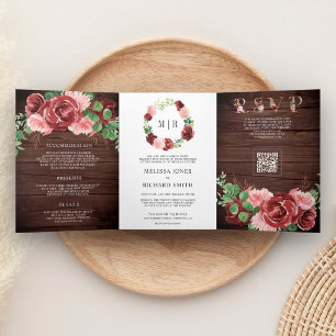 Convite Com Dobra Tripla Casamento Código QR Floral Burgundy Rosa Corado