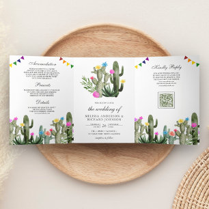Convite Com Dobra Tripla Casamento Código QR Floral de Cacto Fiesta Mexican