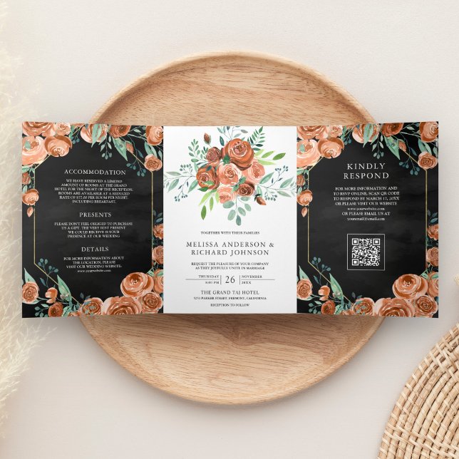 Convite Com Dobra Tripla Casamento Código QR Floral Laranja Queimado Preto (Criador carregado)