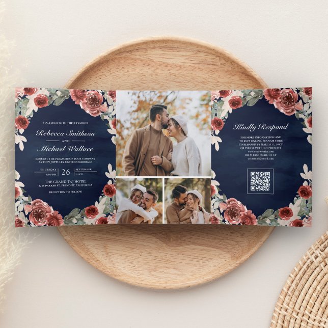 Convite Com Dobra Tripla Casamento Código QR Floral Marsala Azul Marinho (Criador carregado)