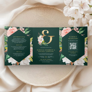 Convite Com Dobra Tripla Casamento Código QR Floral Rosa Bege Esmeralda Ver