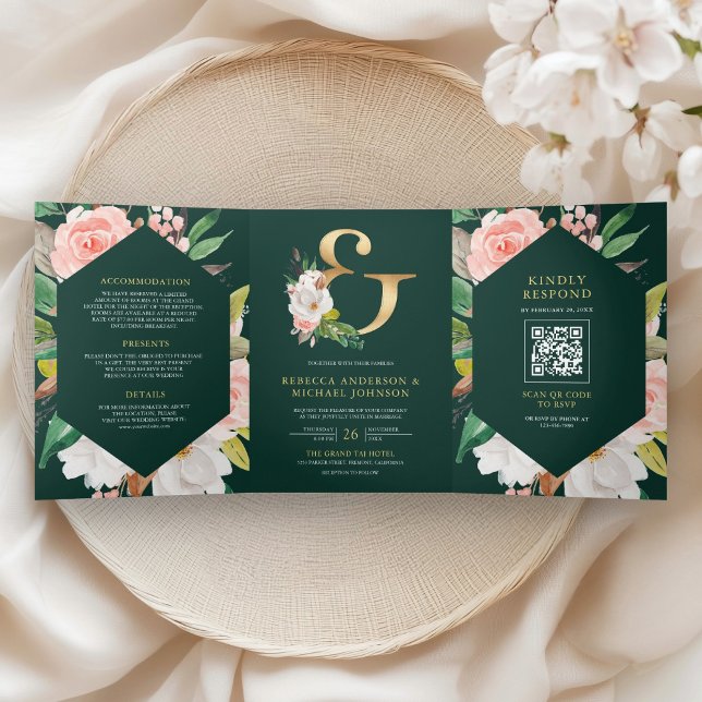 Convite Com Dobra Tripla Casamento Código QR Floral Rosa Bege Esmeralda Ver (Criador carregado)