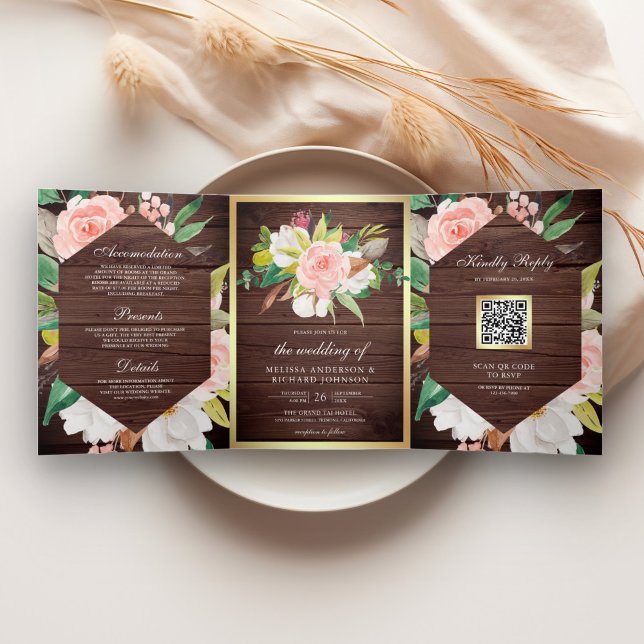 Convite Com Dobra Tripla Casamento Código QR Floral Rosa Bege Madeira Rústi (Criador carregado)