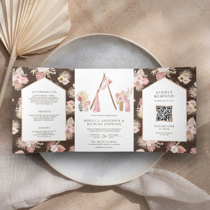 Convite Com Dobra Tripla Casamento Código QR Floral Rosa Desbotado Boho Arb