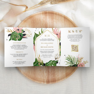 Convite Com Dobra Tripla Casamento Código QR Floral Rosa Tropical Gold
