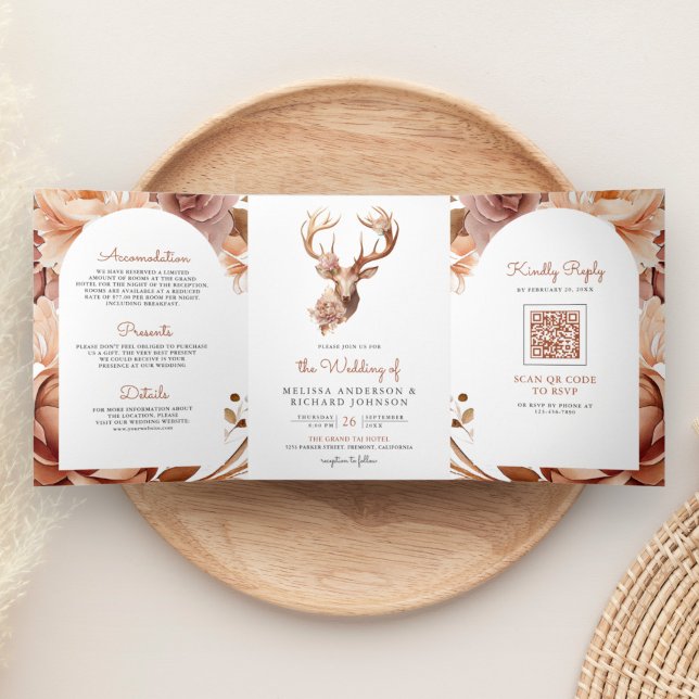 Convite Com Dobra Tripla Casamento Código QR Floral Terracota Boho (Criador carregado)