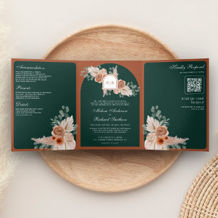 Convite Com Dobra Tripla Casamento Código QR Floral Terracota Pampas Esmera