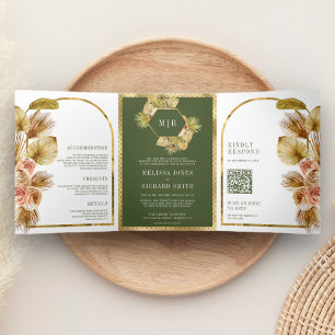 Convite Com Dobra Tripla Casamento Código QR Floral Terroso Boho em Verde O