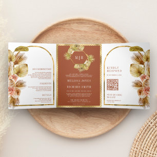 Convite Com Dobra Tripla Casamento Código QR Floral Terroso Boho Palma