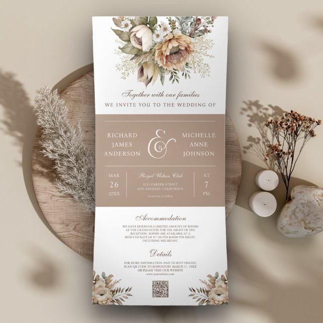 Convite Com Dobra Tripla Casamento Código QR Floral Terroso Neutro Boho (Criador carregado)