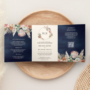 Convite Com Dobra Tripla Casamento Código QR Floral Terroso Pampas Azul-Nav