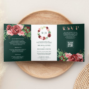 Convite Com Dobra Tripla Casamento Código QR Floral Verde Esmeralda Bordô R