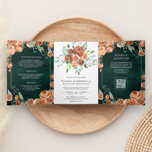 Convite Com Dobra Tripla Casamento Código QR Floral Verde Esmeralda Laranja