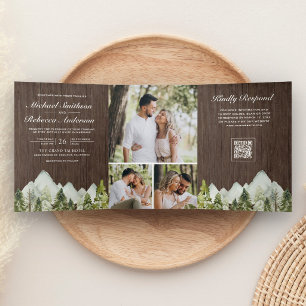 Convite Com Dobra Tripla Casamento Código QR Floresta de Pinheiros Montanho