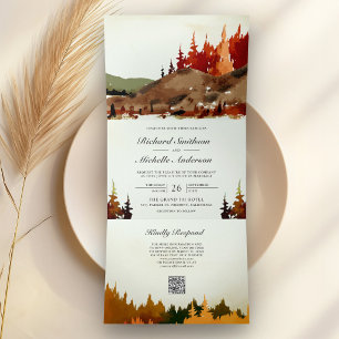 Convite Com Dobra Tripla Casamento Código QR Floresta Outono Montanha