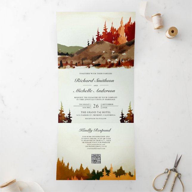 Convite Com Dobra Tripla Casamento Código QR Floresta Outono Montanha (Dentro)