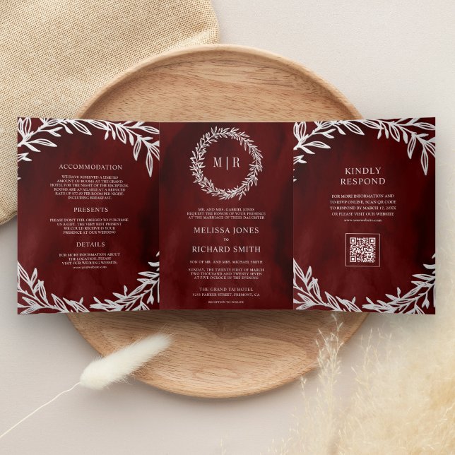 Convite Com Dobra Tripla Casamento Código QR Folha de Galho Vermelho Marrom (Criador carregado)