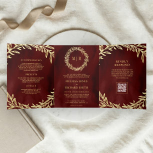 Convite Com Dobra Tripla Casamento Código QR Folha Dourada Galho Vermelho M