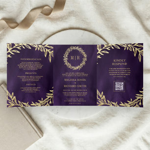 Convite Com Dobra Tripla Casamento Código QR Folha Dourada Roxo Escuro