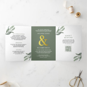 Convite Com Dobra Tripla Casamento Código QR Folhas de Oliveira Verde Sálvi