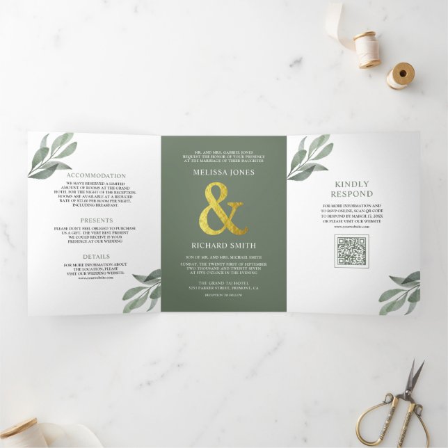 Convite Com Dobra Tripla Casamento Código QR Folhas de Oliveira Verde Sálvi (Dentro)