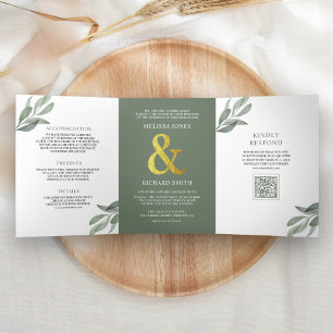 Convite Com Dobra Tripla Casamento Código QR Folhas de Oliveira Verde Sálvi