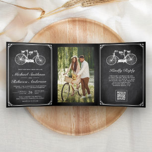 Convite Com Dobra Tripla Casamento Código QR Foto Bicicleta Tandem Quadro N
