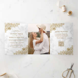 Convite Com Dobra Tripla Casamento Código QR Foto de Renda e Mármore Branco