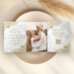 Convite Com Dobra Tripla Casamento Código QR Foto de Renda e Mármore Branco