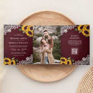 Convite Com Dobra Tripla Casamento Código QR Foto Girassol com Renda de Mad