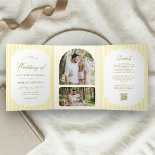 Convite Com Dobra Tripla Casamento Código QR Foto Listrada Amarela Clássica