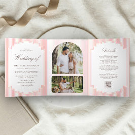 Convite Com Dobra Tripla Casamento Código QR Foto Listrada Rosa Coral Paste
