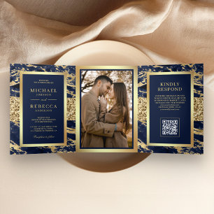 Convite Com Dobra Tripla Casamento Código QR Foto Mármore Azul Marinho Dour