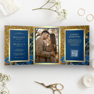 Convite Com Dobra Tripla Casamento Código QR Foto Mármore Azul Real Dourado