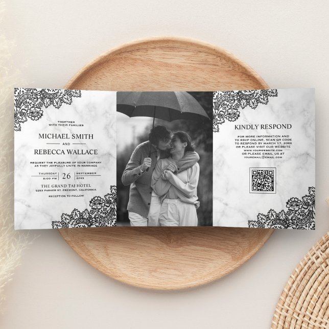 Convite Com Dobra Tripla Casamento Código QR Foto Mármore Branco e Renda Pr (Criador carregado)