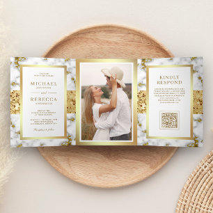 Convite Com Dobra Tripla Casamento Código QR Foto Mármore Ouro Branco