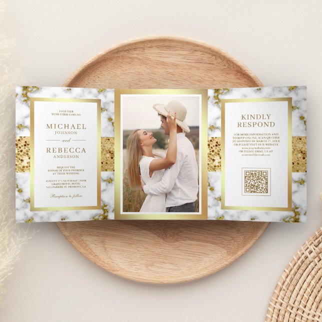 Convite Com Dobra Tripla Casamento Código QR Foto Mármore Ouro Branco (Criador carregado)