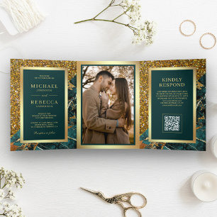 Convite Com Dobra Tripla Casamento Código QR Foto Mármore Verde Dourado