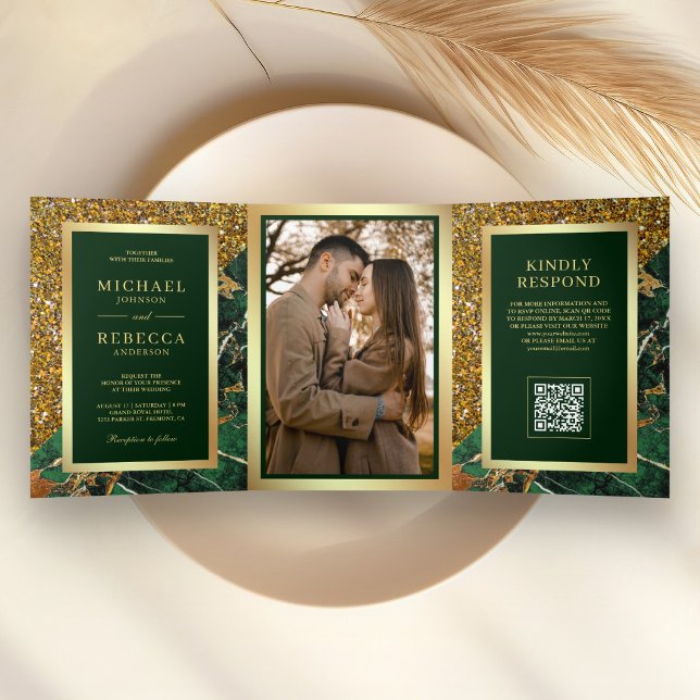 Convite Com Dobra Tripla Casamento Código QR Foto Mármore Verde Esmeralda D (Criador carregado)