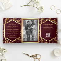 Casamento Código QR Foto Ondulação Burgundy Dourad