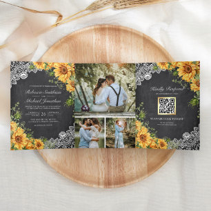 Convite Com Dobra Tripla Casamento Código QR Girassóis de Renda Quadro de G