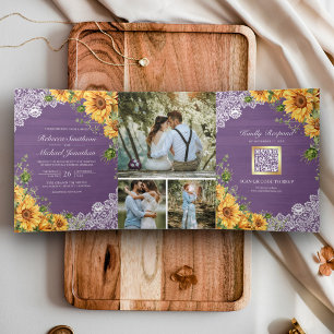 Convite Com Dobra Tripla Casamento Código QR Girassóis Rústicos Lavanda Mad