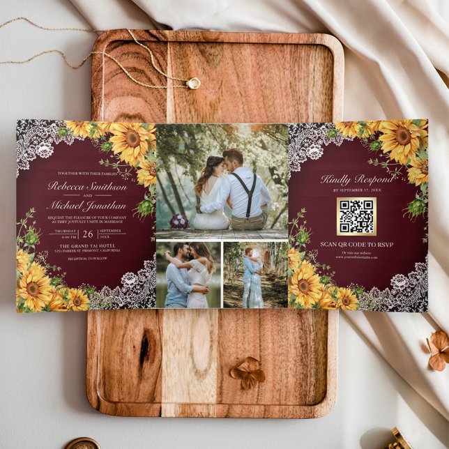Convite Com Dobra Tripla Casamento Código QR Girassóis Rústicos Madeira Bor (Criador carregado)