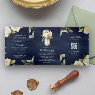 Convite Com Dobra Tripla Casamento Código QR Jarro de Pedra Rosas Brancas A