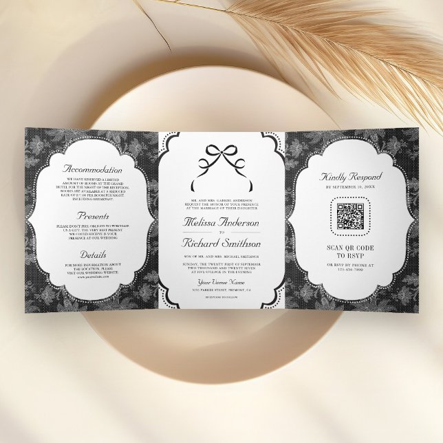 Convite Com Dobra Tripla Casamento Código QR Laço Coquete em Preto e Branco (Criador carregado)