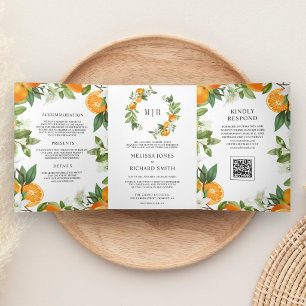 Convite Com Dobra Tripla Casamento Código QR Laranja Tangerina Rústica