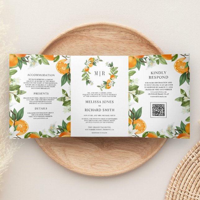 Convite Com Dobra Tripla Casamento Código QR Laranja Tangerina Rústica (Criador carregado)